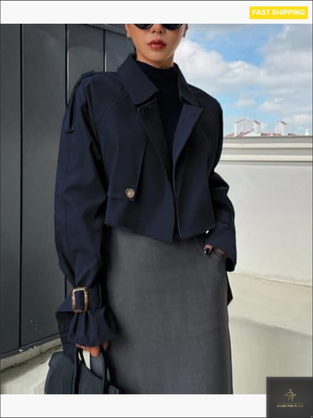 Cropped Trench Coat Y2K Chic Classic Double-Breasted Lapel Casual Outerwear - Picture 3 of 7